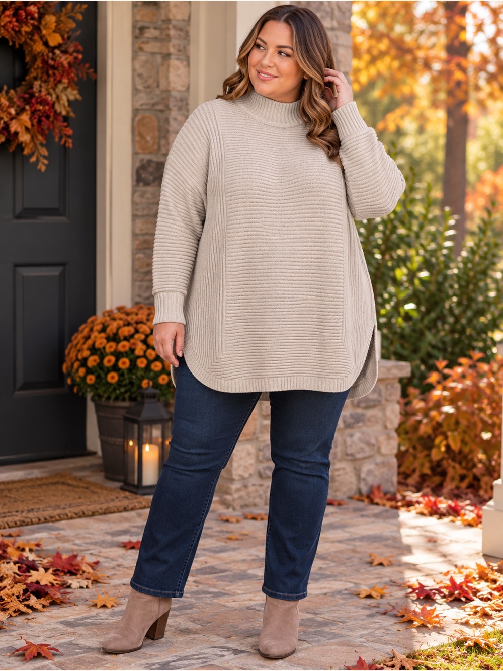 Aspen 2X Plus Size Ribbed Mock Neck Tunic Sweater Oatmeal Cotton Blend